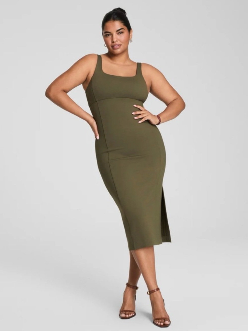 SPANX Ponte Knit Square Neck Tank Sleeveless Midi Dress in Dark Pine Green XL